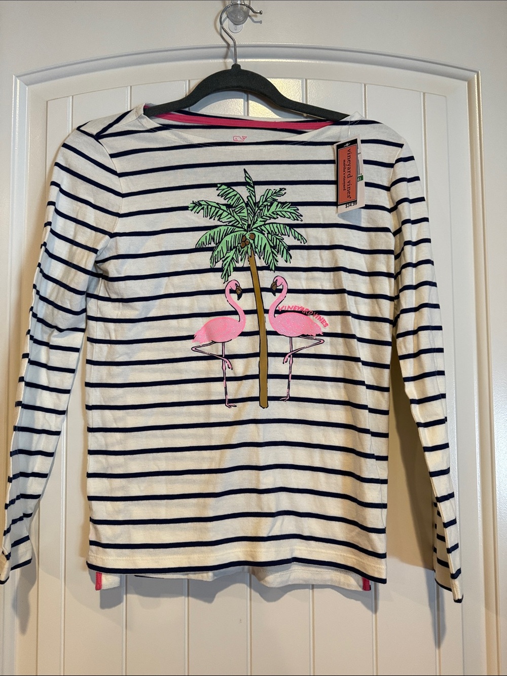 Vineyard Vines White Navy Stripe Long Sleeve Tee with Pink Flamingos